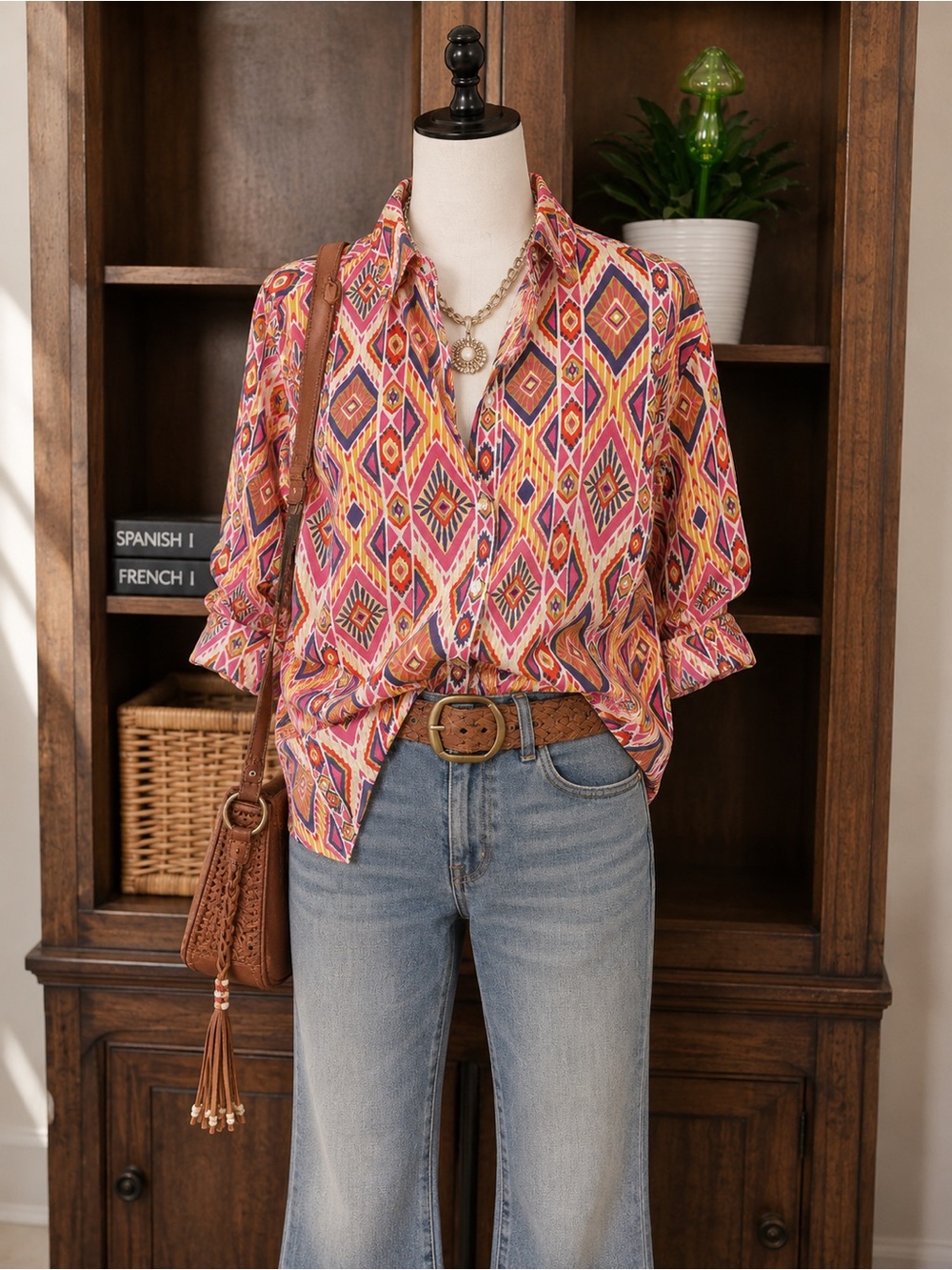 Chico’s No-Iron 100% Linen Shirt Womens 3 XL Geometric Print Button Up Resort